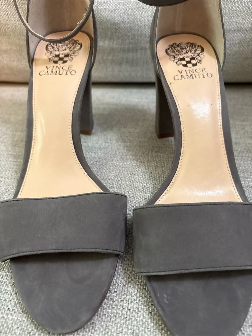 Vince Camuto Gray Taupe Suede Ankle-Strap Block Heels